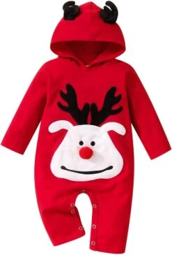 Bébé Garçon Rompers Noël Enfant Enfants Nouveau-né Infantile Bébé Garçons Filles Mignon Bande Dessinée Cerf à Manches Longues à Capuche Ramper (Rouge, 12-18 Mois)