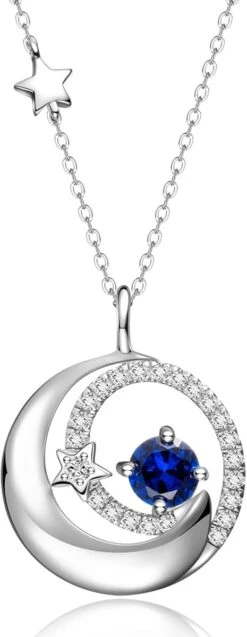 FANCIME Birthstone Colliers 925 Sterling Argent Lune Et Étoile Pendentif Beaux Bijoux D'anniversaire Cadeaux De Noël Pour Les Filles Maman Femme Dame Fille, Réglable Chaîne 16+2"