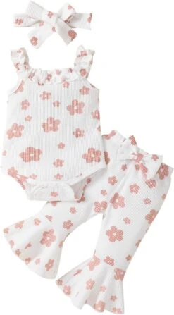 Bébé Noël Bandeau Infantile Filles Sans Manches Romper Bodysuit Floral Prints Bell Bottoms Pantalon (WH1, 12-18 Mois)