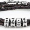 Sett&Co - Bracelet Personnalisé "Quest" Marron/Noir En Cuir Avec Jusqu'à 7 Perles Personnalisées Avec Inscription - Argent Sterling 0.925, Plaqué Or 18K - Bijoux Gravés Pour Lui, Hommes, Papa - Cadeau Dainty Pour La Fête Des Pères, Noël, Saint-Valentin -Rose Magasin 61K5uoTAa0L. AC UL1500