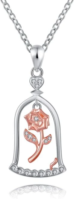 Collier Pendentif Fleur De Rose JXJL Sterling Silver Heart Romantic Beauty & Beast Princess Mothers Day Valentine Noël Anniversaire Cadeau Bijoux Pour Femmes Adolescentes