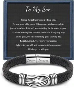 Noir Tressé Bracelets En Cuir Cadeaux Pour Homme Papa Fils Grandson Mari Petit Ami Frère Forever Noeud Bracelets Pour Noël Anniversaire Fête Des Pères Fermoir En Acier Inoxydable 7.5/8.5/9 Pouces