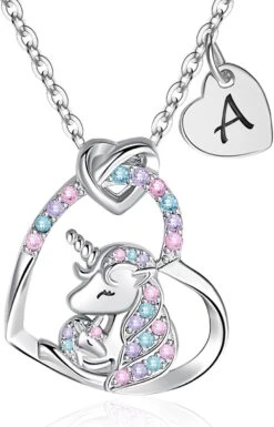 Licornes Cadeaux Pour Filles, 14K Or/Or Blanc/Rose Licorne Collier Pour Filles Initiale Licorne Bijoux Pour Enfants D'anniversaire Cadeaux Pour Filles Coloré CZ Bijoux De Noël Licorne Cadeaux Pour Filles Âge 6-8-10-12-16-18