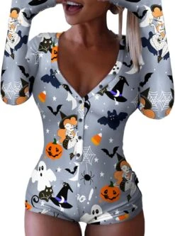 Miqil Femmes Court Onesie Pyjamas Halloween Noël Imprimer Sexy Bodycon À Manches Longues V Cou Une Pièce Sleeper Romper Combinaisons