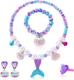 DkakoJew Jewelry Set For Girls Necklace Bracelet Boucle D'oreille Set Mermaid Necklace For Girls Jewelry Set Halloween Noël Anniversaire Cadeau