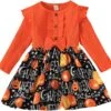 Filles Chandail De Noël Taille 7 Enfant Filles Halloween À Manches Longues Côtelées Robes Enfants Bande Dessinée (Orange, 4-5 Years)
