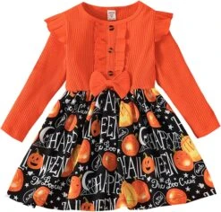 Filles Chandail De Noël Taille 7 Enfant Filles Halloween À Manches Longues Côtelées Robes Enfants Bande Dessinée (Orange, 4-5 Years)