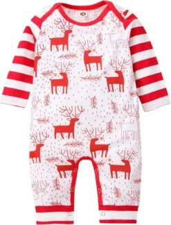 Affiche Fille Romper Infantile Bébé Fille Garçon Noël Romper Nouveau-né Cerf Imprimé À Manches Longues Rayé Bébé Court Romper