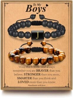 Cadeaux MONOZO Pour Homme Garçon - 8mm Tiger Eye & Black Agate Stone Beaded Bracelet Réglable Initial Bracelets Anniversaire Noël Valentines Fête Des Pères Bijoux Cadeaux Pour Papa Fils Hommes Garçons Époux Petit Ami
