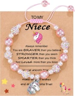 HGDEER Petites Filles Licorne Bracelet Pour Fille/Grande-fille/Morceau | Rose Perle Et Strass Boules Bracelet | Réglable Longueur | Convient Pour Noël Et Anniversaire Cadeaux