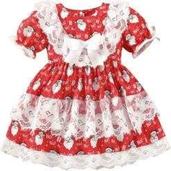 Enfants Manches Longues Sundress 6M à 5Years Enfant Filles De Noël À Manches Courtes Dentelle De Bande Dessinée Santa Print Robe De Noël