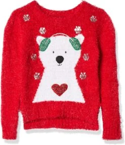Blizzard Bay Little Girl's L/S Crew Neck Polar Bear Dans Les écouteurs Pull De Noël, Combo Rouge De Noël, 6X