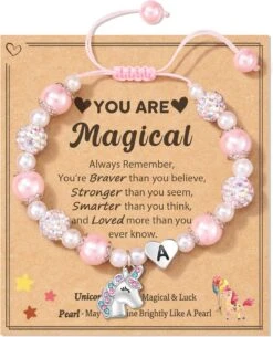 HGDEER Petites Filles Licorne Initial Bracelet Pour Fille/Grande-fille/Morceau | Rose Perle Et Strass Boules Bracelet | Réglable Longueur | Convient Pour Noël Et Anniversaire Cadeaux